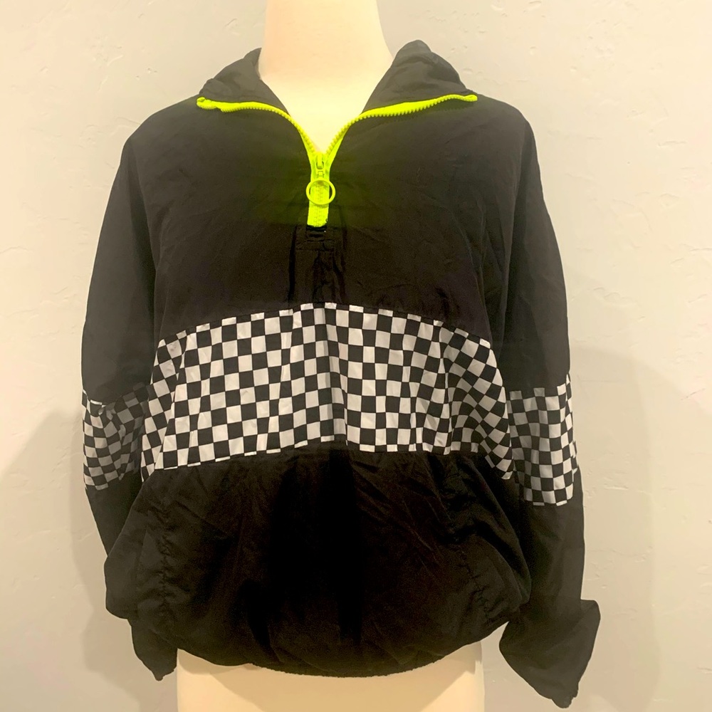 Vintage Windbreaker - 1980s Checkered and Neon Pullover Small
